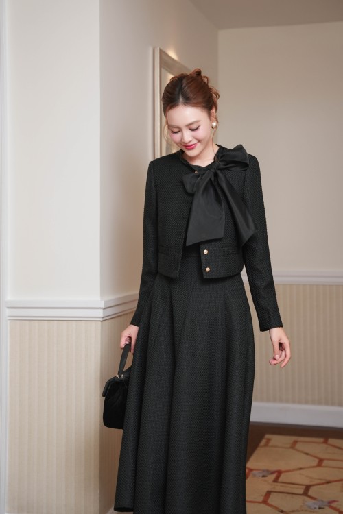 Sixdo Black Bowtie Tweed Flared Dress